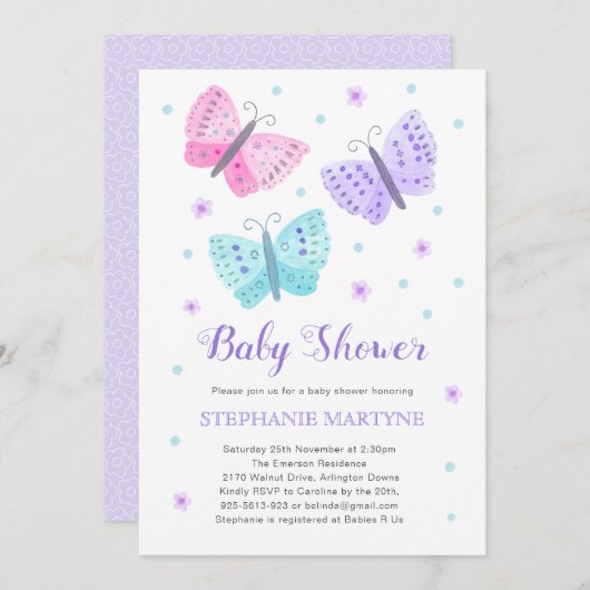 Butterfly Wasserfarbe Lila Aqua Baby Dusche Einladung (Vorne/Hinten)