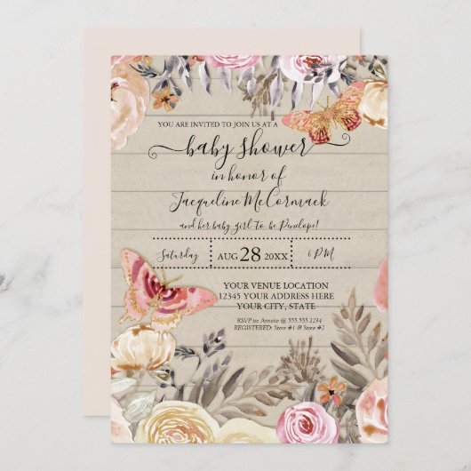 Butterfly Wasserfarbe Rosa Rose Rustikales Holz Einladung (Vorne/Hinten)