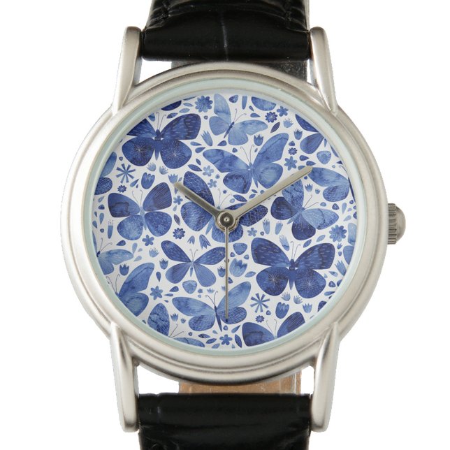Butterfly Watercolor Blue Armbanduhr (Navy indigo blue and white watercolor butterfly pattern watch)