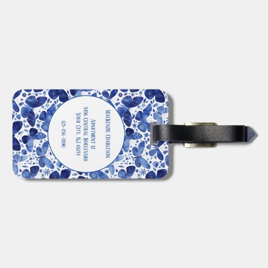 Butterfly Watercolor Blue Monogram Gepäckanhänger (Rückseite horizontal)