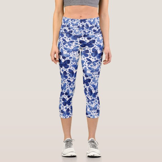 Butterfly Watercolor Indigo Blue Capri Leggings (Vorderseite)