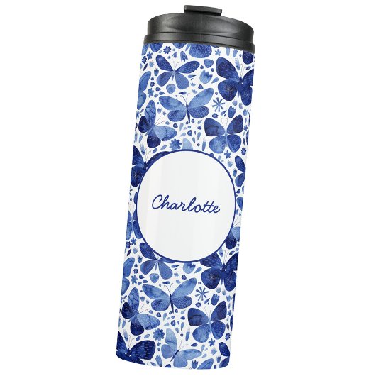 Butterfly Watercolor Navy Indigo Blue Personalisie Thermosbecher