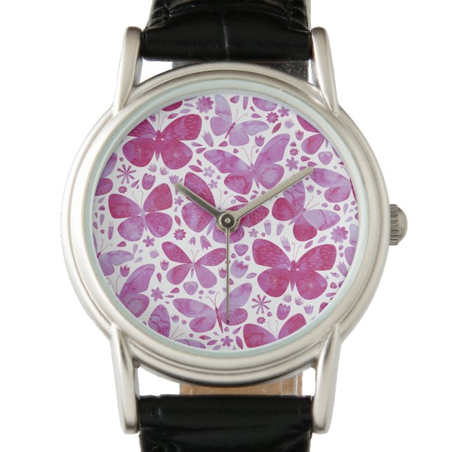 Butterfly Watercolor Pink Armbanduhr (Magenta pink and white watercolor butterfly pattern watch)