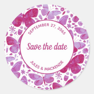 Butterfly Watercolor Pink Save the Date Runder Aufkleber
