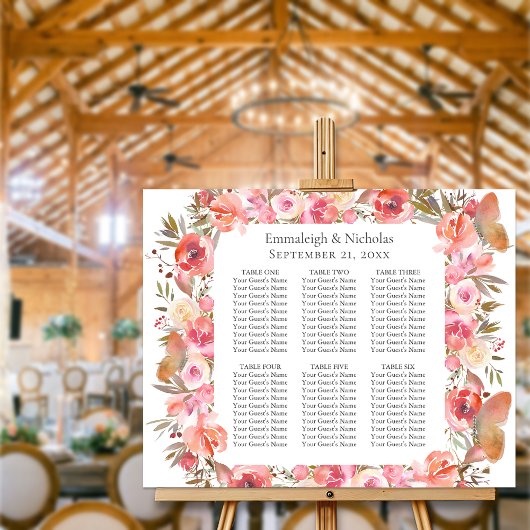 Butterfly Wedding Coral Boho Blues Seating Chart Poster