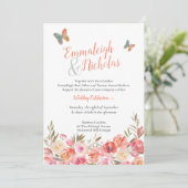 Butterfly Wedding Coral Boho Floral Einladung (Stehend Vorderseite)