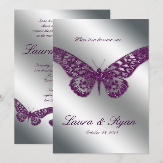 Butterfly Wedding Einladung Sparkle Lila Silber (Vorne/Hinten)