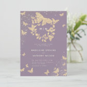 Butterfly Wedding Lilac Gold Monogramme Elegant Einladung (Stehend Vorderseite)