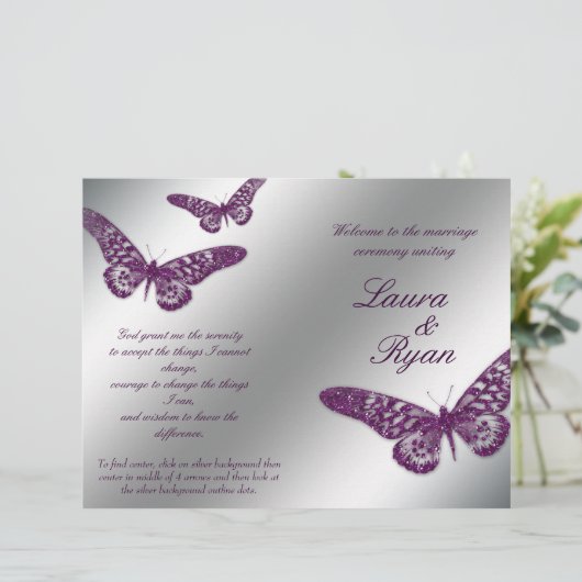 Butterfly Wedding Program Flyer Silver Lila Spar (Stehend Vorderseite)