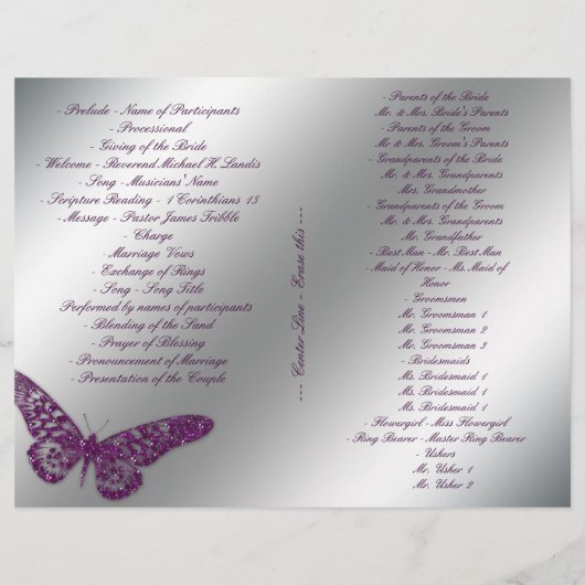 Butterfly Wedding Program Flyer Silver Lila Spar (Rückseite)