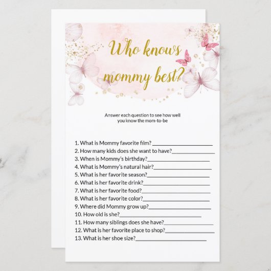 Butterfly Wer die Mama besten Baby Shower Games ke (Vorne/Hinten)