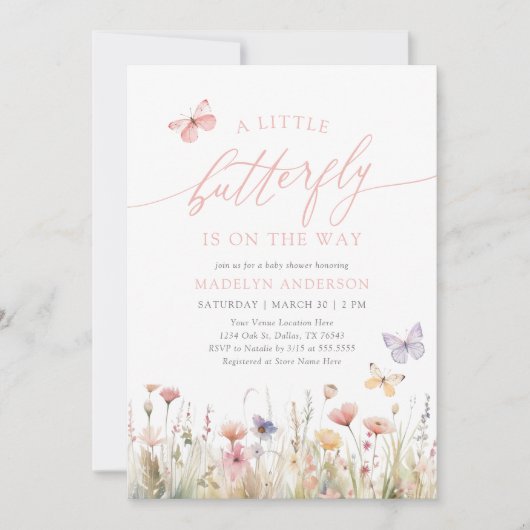 Butterfly Wildblume Babydusche Einladung (Vorderseite)