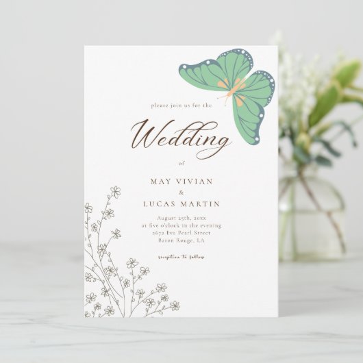 Butterfly Wildblume Calligrafy Wedding Einladung (Stehend Vorderseite)
