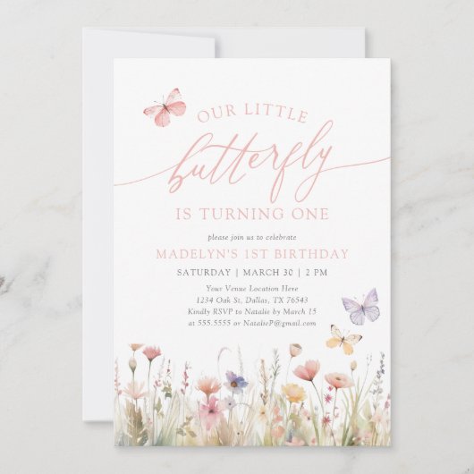 Butterfly Wildblume Girl 1. Geburtstag Einladung (Vorderseite)