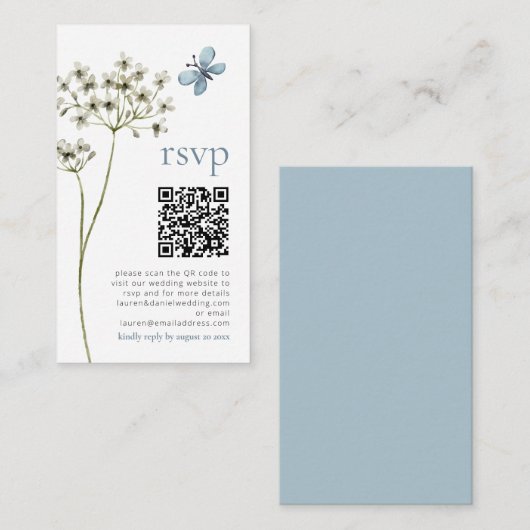 Butterfly Wildblume QR Blue Wedding RSVP Card Begleitkarte (Vorne/Hinten)