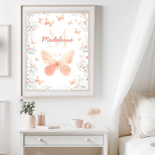 Butterfly-Wildblumen Coral Aquamarin Monogramm Nie Poster