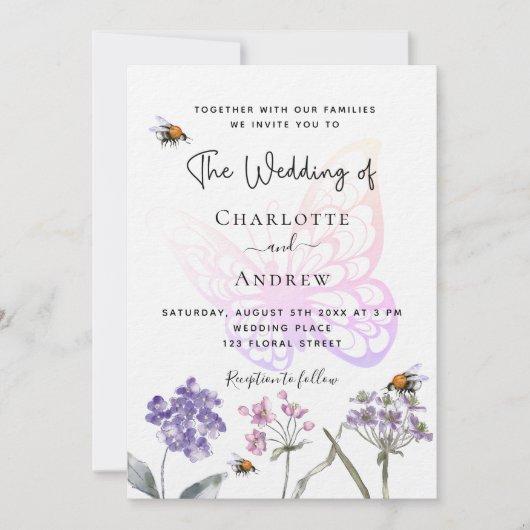 Butterfly Wildblumen violett-rosa Luxus Hochzeit Einladung (Vorderseite)