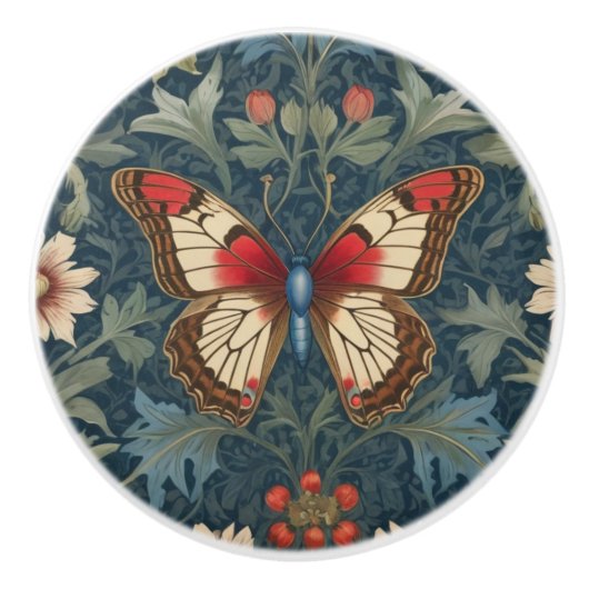 Butterfly William Morris Style Blue & Red Floral Keramikknauf (Vorderseite)
