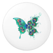Butterfly with Green Peacock Feathers Keramikknauf (Vorderseite)