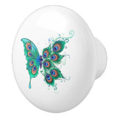 Butterfly with Green Peacock Feathers Keramikknauf (Rechts)