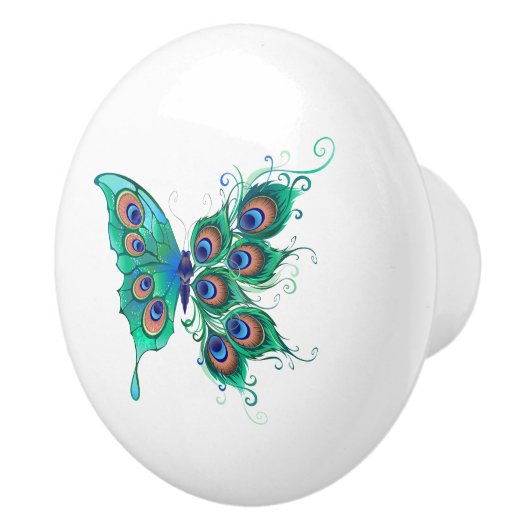 Butterfly with Green Peacock Feathers Keramikknauf (Rechts)