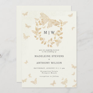 Butterfly Wreath Ivory Gold Monogramme Hochzeit Einladung
