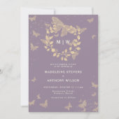 Butterfly Wreath Lilac Gold Monogramme Hochzeit Einladung (Vorderseite)