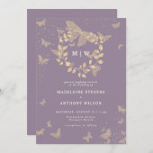 Butterfly Wreath Lilac Gold Monogramme Hochzeit Einladung (Vorne/Hinten)