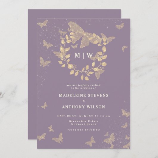 Butterfly Wreath Lilac Gold Monogramme Hochzeit Einladung (Vorne/Hinten)