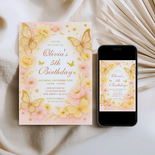 Butterfly Yellow and Pink Birthday Invitation Einladung