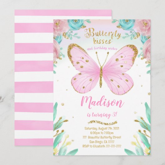 Butterfly zum Geburtstag Einladung (Vorne/Hinten)