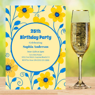 Buttergelb und blau Florals-Geburtstag Einladung