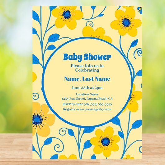 Buttergelb und blaue Florals-Baby-Dusche Einladung