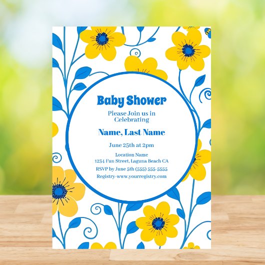 Buttergelb und blaue Florals-Baby-Dusche Einladung