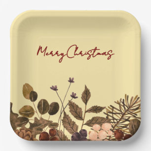Buttergelb und tiefrote florale Frohe Weihnachten Pappteller
