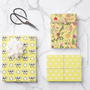 Buttergelb und Weißpolka Dots Wildblumen Geschenkpapier Set