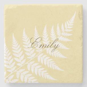 Buttergelb Weiße Fern Elegante Schrift Name Steinuntersetzer