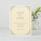 Buttergelbe Dusty Blue Minimal Save the Date Einladung (Stehend Vorderseite)