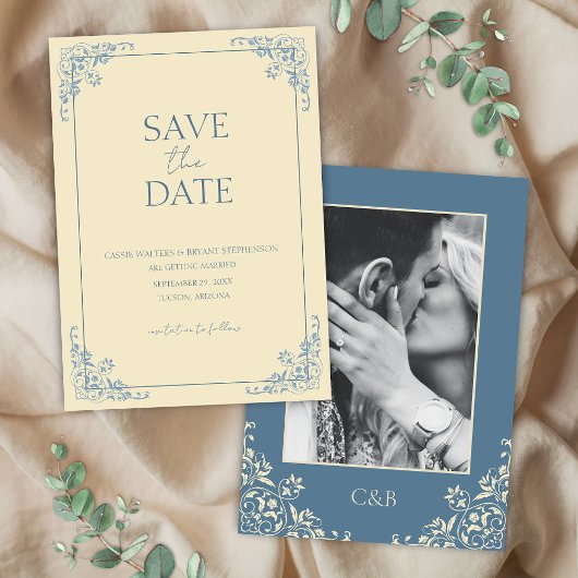 Buttergelbe Dusty Blue Minimal Save the Date Einladung