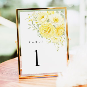 Buttergelbe Elfenbein Blumen Hochzeit Tischnummern