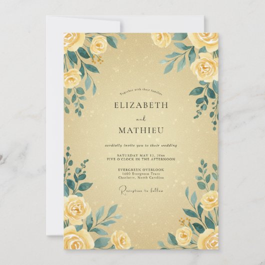 Buttergelbe Hochzeit mit Blättern Einladung (Vorderseite)