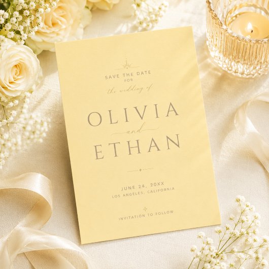 Buttergelbe moderne Hochzeit Save The Date