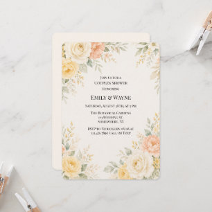 Buttergelbe Pfirsich- und Elfenblumen-Hochzeitspar Einladung