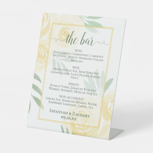 Buttergelbe Rosen Hochzeitsgetränke oder Bar Menu Sockelschild (Vorderseite)