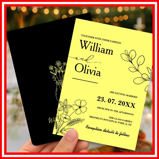 Buttergelbe Wildblume Hochzeit Einladung