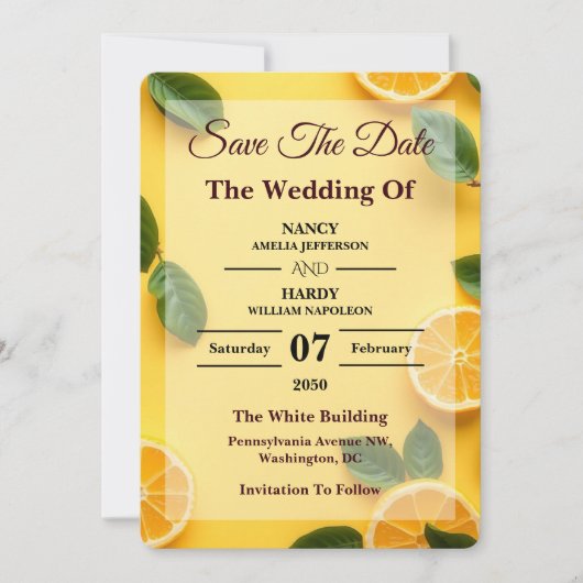 Buttergelbe Zitrus-Hochzeit - Save The Date (Vorderseite)