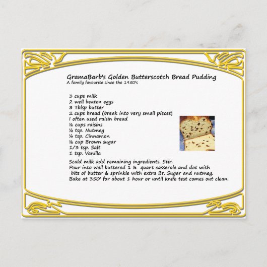 Butterscotch Brot Pudding Rezept Postkarte (Vorderseite)