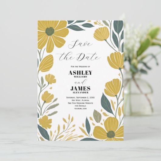 Buttertasse Gelb Moderne Blüten Save the Date Einladung (Stehend Vorderseite)