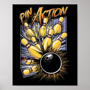 Button Action Strike and Spare Bowling Alley Sport Poster
