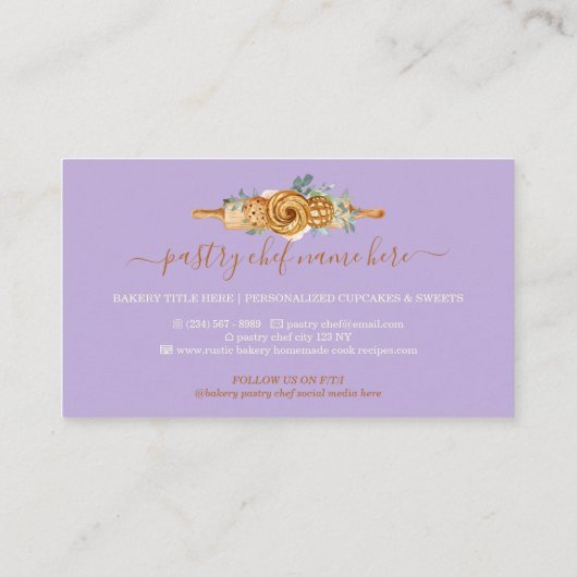 Button backery Backwaren Süßigkeiten Keks lila Visitenkarte (Rückseite)